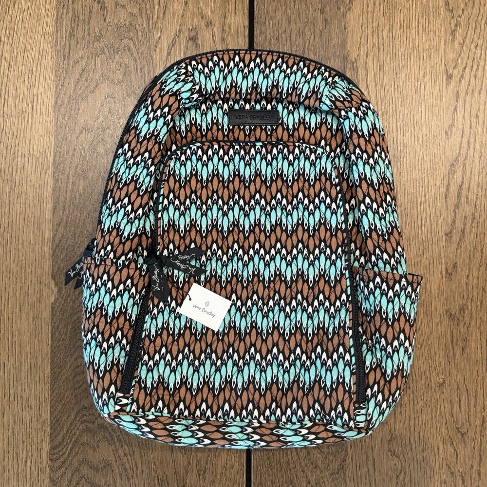 NWT Vera Bradley Sierra Stream Campus Laptop Backpack Blue Brown Zip Pockets